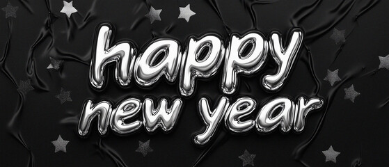 Metallic balloon letters "Happy New Year" on black background, festive and modern decoration  .