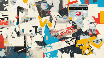 Fototapeta premium Abstract backdrop with collage of newspaper or magazine clippings, colorful grunge background with graffiti