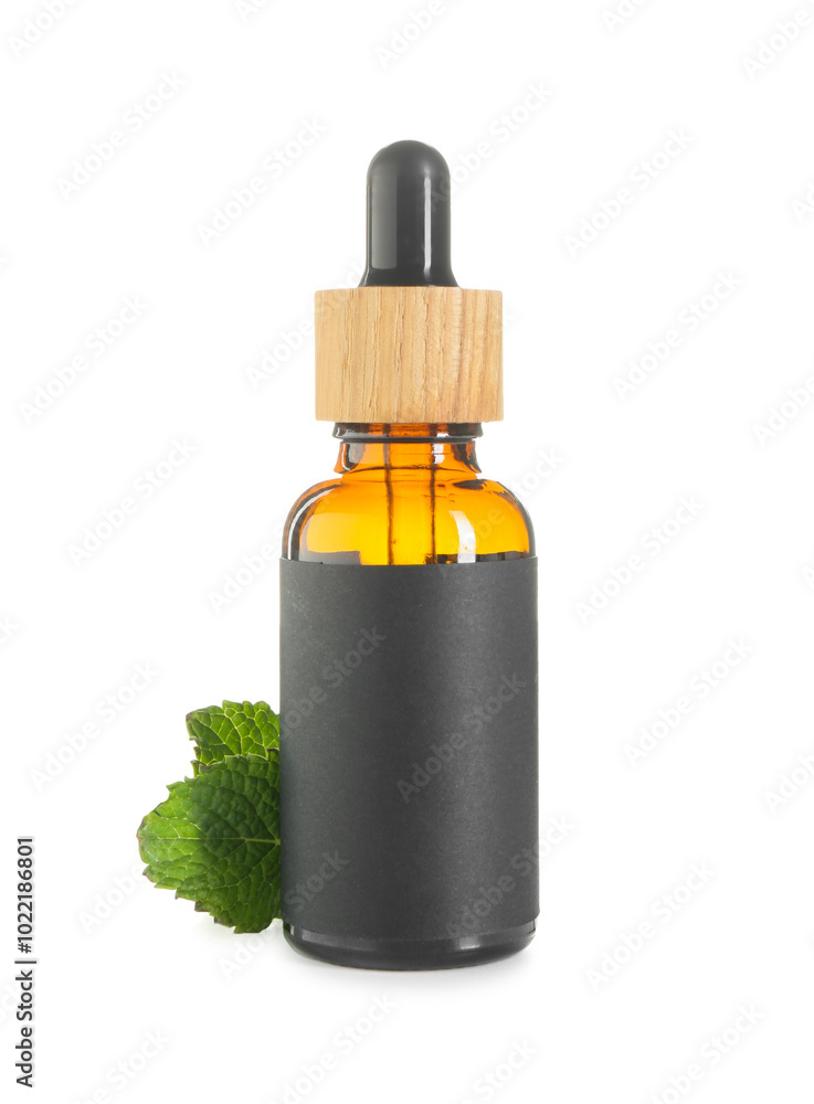 Poster Bottle of tincture and mint isolated on white