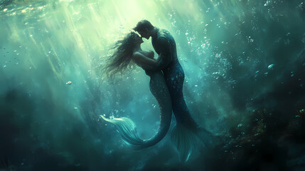 Elegant mermaid at a tilted angle, embracing a human lover in a romantic underwater embrace, bathed in ethereal light, rendered in digital surrealism. Sirens Lure. Illustration
