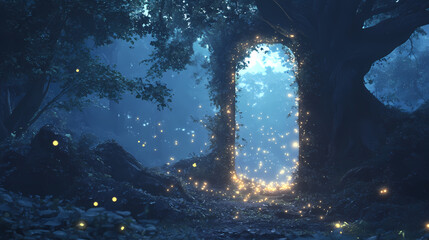 Obraz premium Enchanted moonlit forest with ancient trees glowing fireflies and a shimmering portal mirror reflecting an ethereal otherworldly landscape. Enchanted Mirror. Illustration