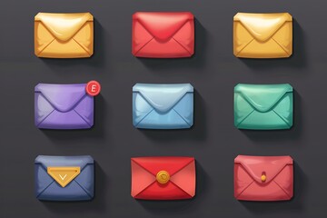 A mail icon set featuring various designs, including envelopes, inbox symbols, and notification badges, all crafted for easy use in digital interfaces.