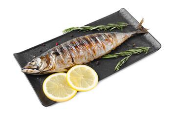 Delicious grilled mackerel, rosemary and lemon isolated on white