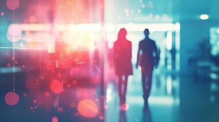 abstract blurred image of doctor and patient people in hospital interior or clinic corridor for background, laboratory, science experiment, health care and medical technology concept