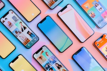 A collection of smartphones showcases various open stories and short videos on vibrant, colorful backgrounds, illustrating digital engagement. Generative AI