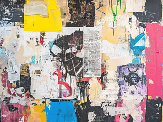 Fototapeta premium Abstract backdrop with collage of newspaper or magazine clippings, colorful grunge background with graffiti