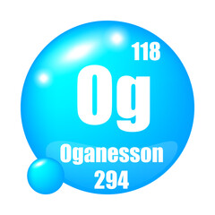 Oganesson icon. Og chemical element. Atomic number 118. Mass 294. Blue sphere image. Vector symbol.