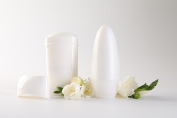 Different deodorants and beautiful eustoma flowers on white background