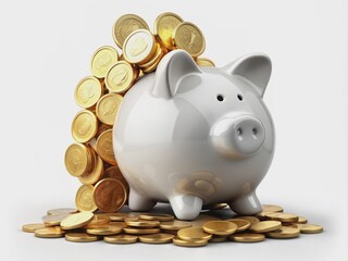 Golden coins cascade downwards into a bright white piggy bank, symbolizing financial prudence, savings, and monetary deposits in a serene, clutter-free environment.