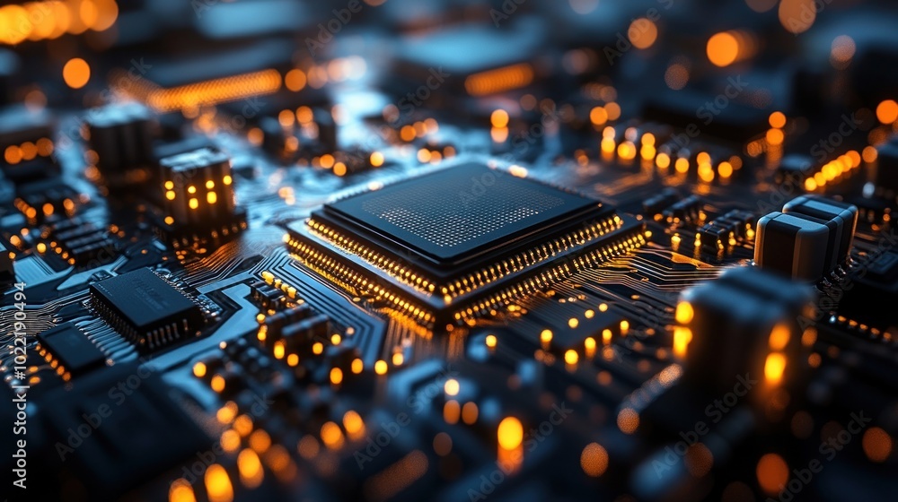 Poster close-up of a circuit board with glowing components and connections.