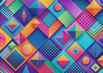 Vibrant geometric shapes and patterns in bold colors on a sleek abstract background create a stunning visual effect perfect for high-definition video and computer wallpapers.