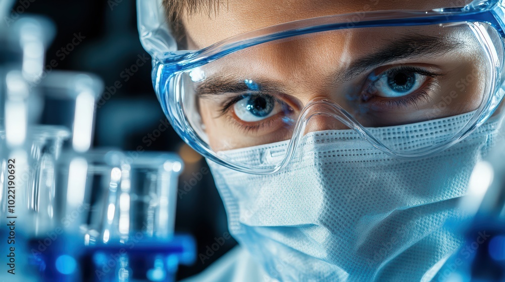 Poster closep-up image of a researcher in a protective mask working in a laboratory of a research institute
