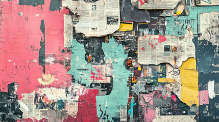 Fototapeta premium Abstract backdrop with collage of newspaper or magazine clippings, colorful grunge background with graffiti