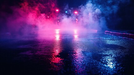 Vibrant Neon Lights Reflecting on Wet Street