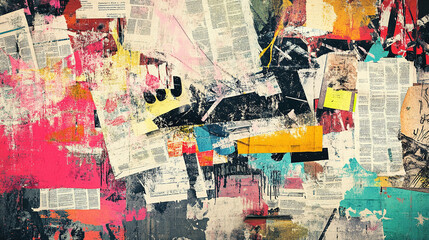 Abstract backdrop with collage of newspaper or magazine clippings, colorful grunge background with graffiti