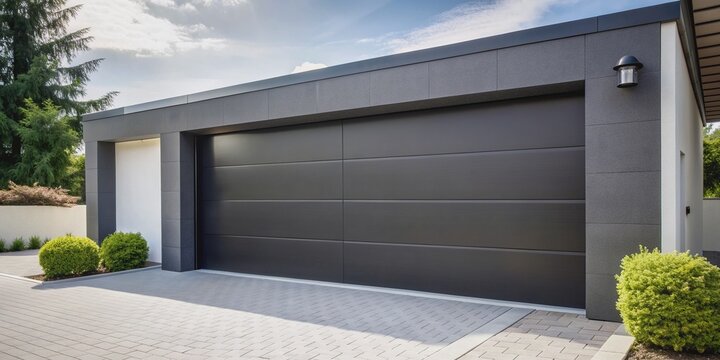 Modern black automatic garage door with sleek design and silver handle in front view, surrounded by clean white walls and a paved driveway.