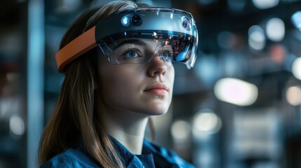 Digital Transformation: Integration between technology and business, with elements such as augmented reality overlays on physical products.