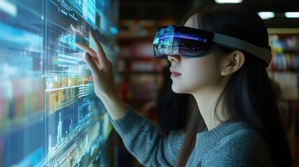 Digital Transformation: Integration between technology and business, with elements such as augmented reality overlays on physical products.