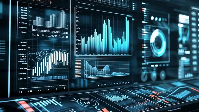 A close-up of a computer screen displaying data visualizations, including charts, graphs, and a pie chart