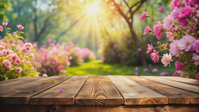 Fond printanier avec une table en bois et des fleurs roses dans le jardin. Belle nature floue en arri&egrave;re-plan avec des rayons de soleil. Concept de printemps.