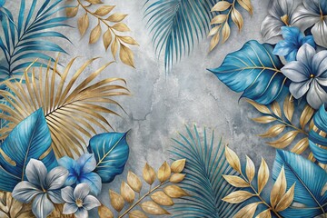 Blue vintage tropical leaves in seamless border design. Premium wallpaper, luxury silver grey background, texture, mural art. 3d dark watercolor floral illustration. Golden, beige, Generative AI