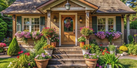 Charming cottage-style house with rustic wooden doors, flower-filled window boxes, and a welcoming porch surrounded by lush greenery on a sunny afternoon.