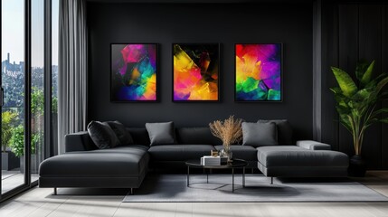 Living room with 3 three accent canvas square painting picture. Frames for art on a black wall. Gallery in dark colors with a gray sofa or couch. Rich exhibition mockup layout triptych