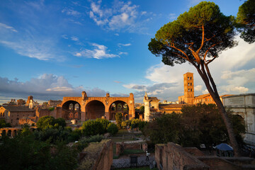 Evening light over the Roman Forum in Rome.