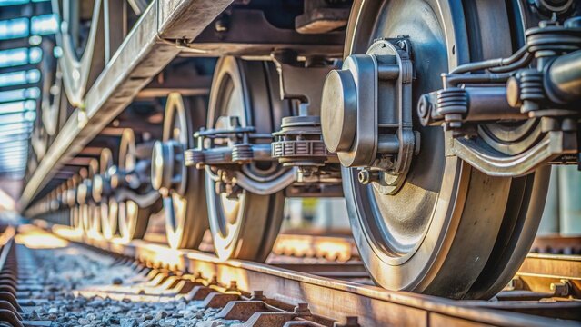 Metallic wheels and axles of a passenger or freight train's undercarriage in sharp focus, set against a blurred background with ample copyspace for creative text overlay.