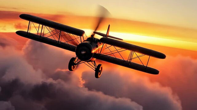 A vintage biplane flies through the clouds at sunset