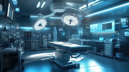 Operating room fully equipped for surgery, modern medical technology.