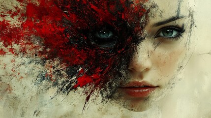 Abstract Portrait of a Woman with Red and Black Paint Splatter