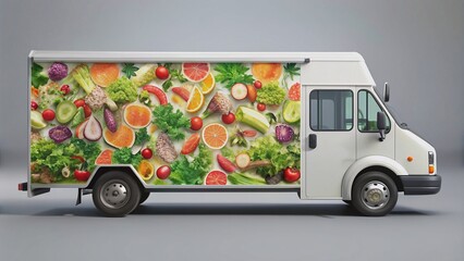 Stylish blank mockup of modern food truck wrap featuring colorful images of fresh salads, wraps, and healthy ingredients on a clean, minimalist background design.