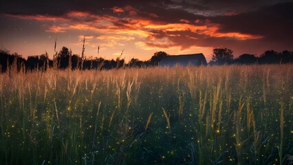 Quiet Meadow at Twilight with Fireflies