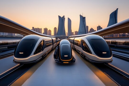 A 3D digital model of a futuristic hyperloop station, with sleek trains and modern architectural design