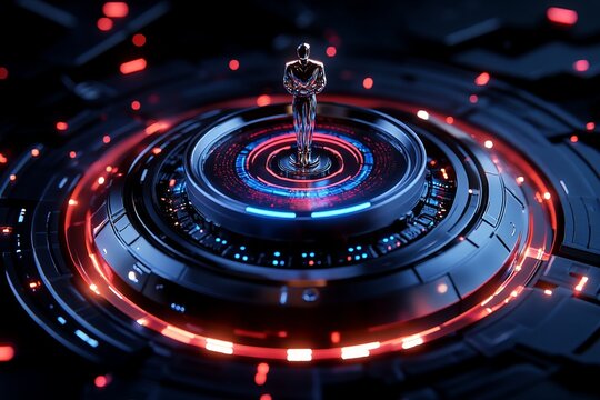 A 3D hologram of a service award being presented to a virtual avatar in a futuristic setting, with glowing digital effects surrounding it