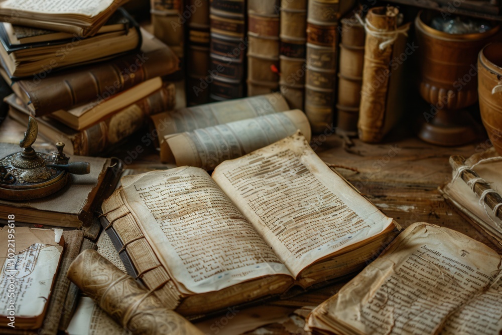 Poster A collection of ancient books and scrolls rests on a wooden surface, revealing intricate writings and artifacts from bygone eras. Generative AI