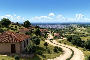 Obraz premium A 3D-rendered digital landscape showing the transition from a small, rural village to a sprawling city, with migration routes connecting the two in a single scene