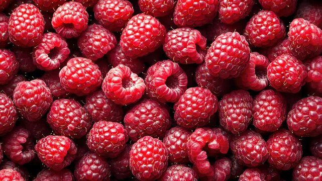 A close-up view of ripe raspberries, showcasing their bright red color and delicate texture