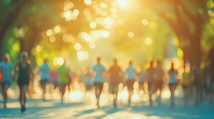 diverse group of people participating in charity walk or run for world health day blurred background