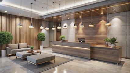 Fototapeta premium Modern office reception area features sleek front desk, stylish pendant lights, and plush seating in neutral tones, exuding professionalism and warmth.