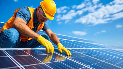 worker in hard hat and safety gear is installing solar panels under bright blue sky. scene captures dedication to renewable energy and sustainable practices
