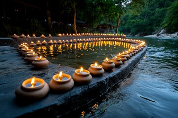 A collection of clay diyas lit along the edge of a river, reflecting their light on the calm water below