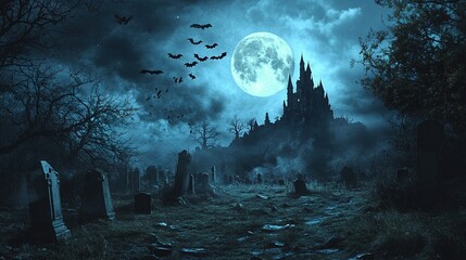Fototapeta premium Spooky Graveyard with Full Moon and Castle