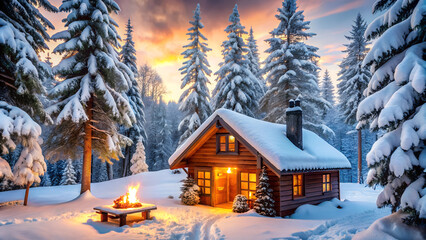 Fototapeta premium A cozy winter cabin with snow-covered trees outside and a warm fire inside