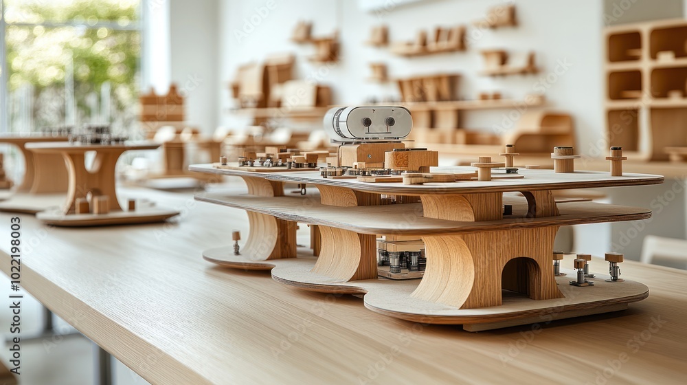 Poster wooden models and structures arranged on a table for design purposes.