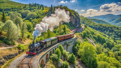 A vintage steam train chugs along the scenic C&eacute;vennes railway, surrounded by lush green forests and rolling hills in rural southern France.