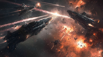 Fototapeta premium Epic space battle rages on with laser beams, explosions, and ships battling for supremacy. Starfighter Battle. Illustration