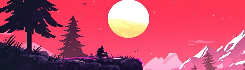 Obraz premium Abstract Watercolor Landscape with Sun and Silhouetted Figure