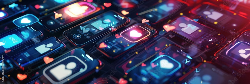 Leinwandbilder Multiple smartphones are illuminated, showcasing overlaid icons for likes and comments, creating a lively digital atmosphere. Generative AI
